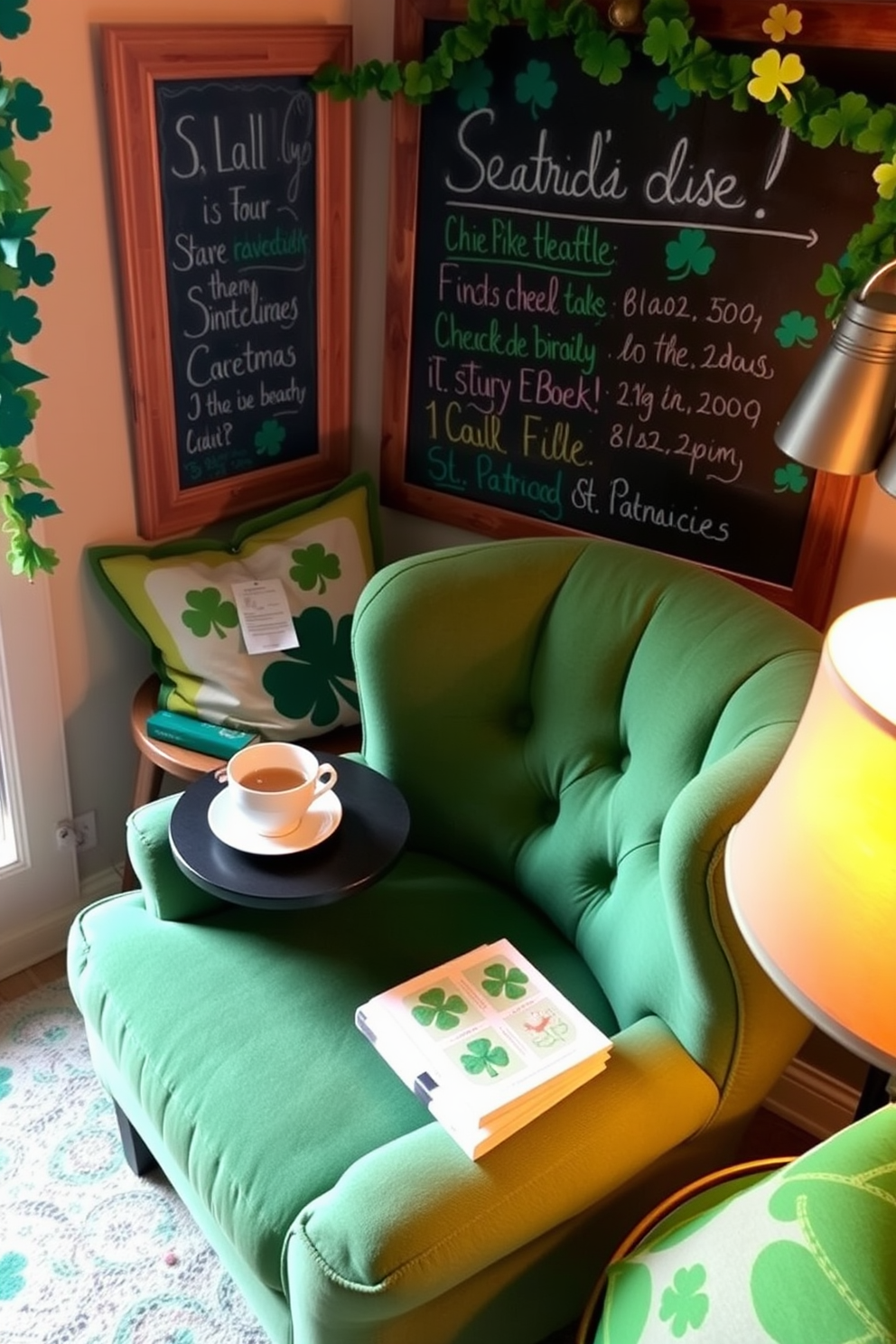 A cozy reading nook featuring a comfortable armchair upholstered in soft green fabric. A small side table holds a steaming cup of tea and a stack of books, while a chalkboard on the wall displays a seasonal reading list written in colorful chalk. The nook is adorned with festive St. Patrick's Day decorations, including shamrock garlands and green throw pillows. A warm light from a nearby lamp casts a gentle glow, creating an inviting atmosphere for enjoying the holiday spirit.