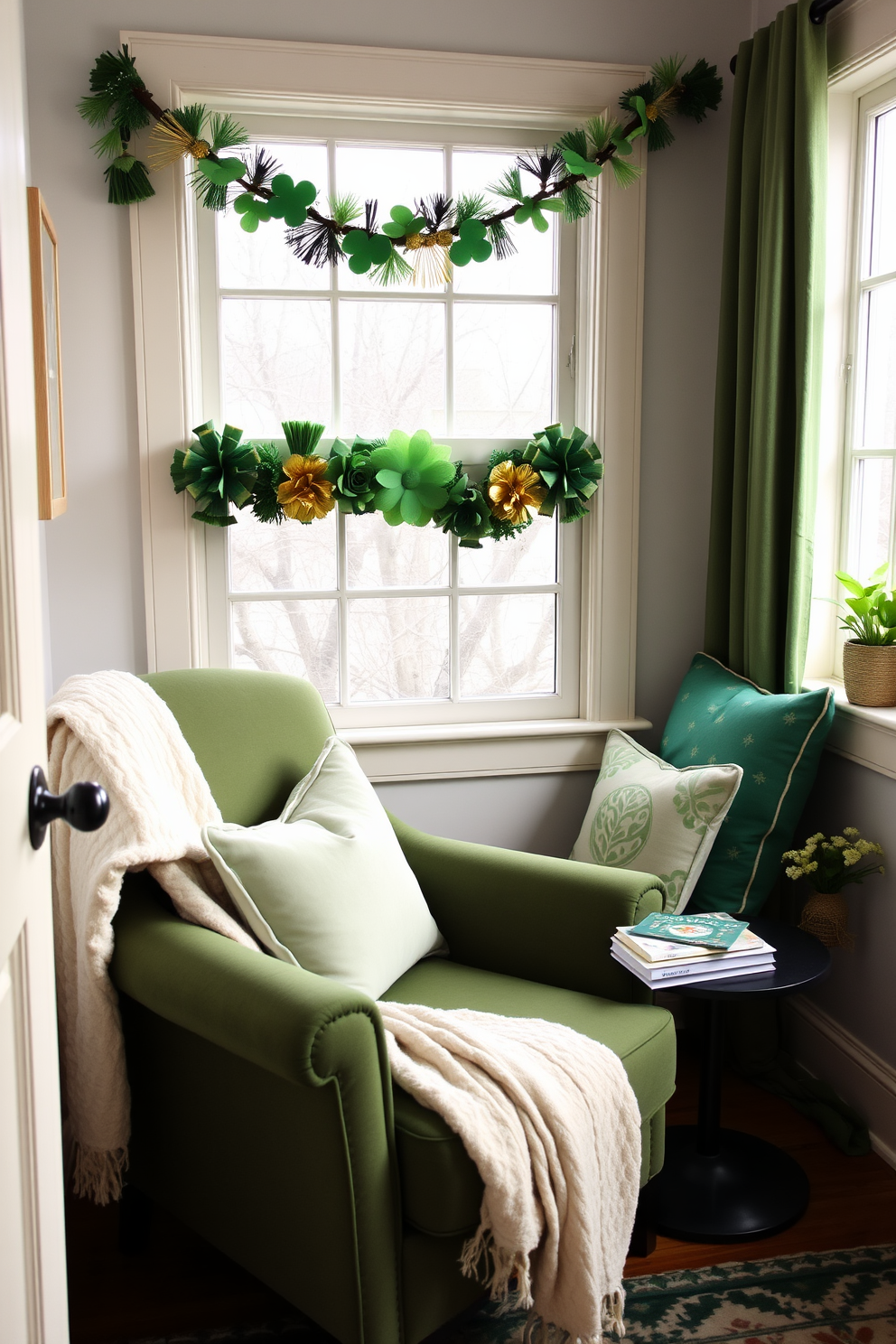 A cozy reading nook decorated for St. Patrick's Day. The space features a comfortable armchair upholstered in a rich green fabric with a soft throw blanket draped over the side. A small side table holds a steaming cup of tea and a stack of books. Green and gold accents are added through decorative pillows and a festive garland hanging above the window.