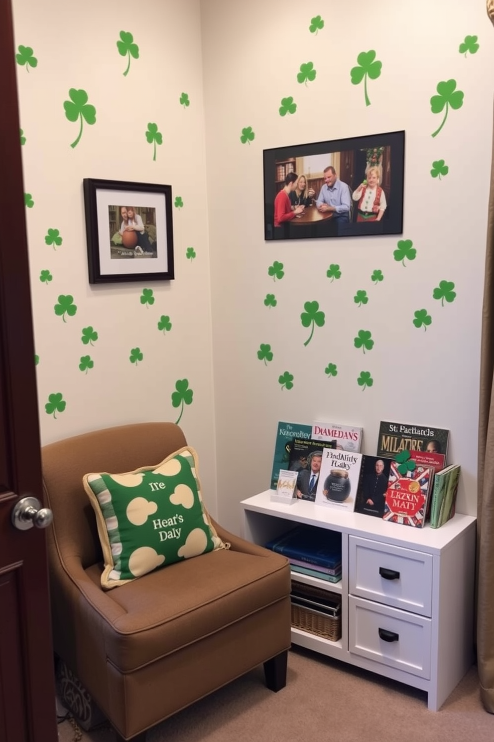 A cozy reading nook adorned with charming shamrock wall decals. The space features a comfortable armchair and a small bookshelf filled with festive St. Patrick's Day themed books.