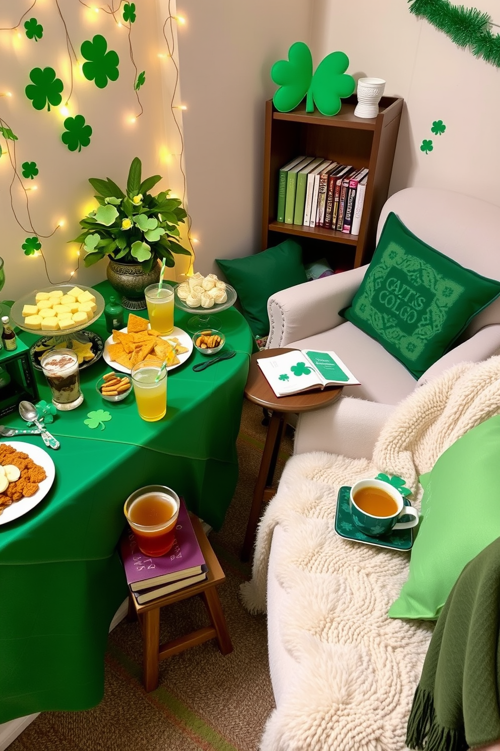 A festive table is set for snacks and drinks featuring an array of colorful treats and beverages. The table is adorned with green tablecloths, shamrock decorations, and twinkling fairy lights to create a cheerful atmosphere. The reading nook is cozy and inviting with a plush armchair and a soft throw blanket. A small side table holds a stack of books and a steaming cup of tea, surrounded by St. Patrick's Day themed decorations like green pillows and a decorative garland.