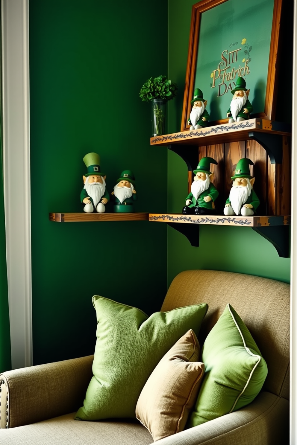 A cozy reading nook adorned with charming leprechaun figurines displayed on rustic wooden shelves. The space features a comfortable armchair with soft green cushions, perfect for enjoying a good book while celebrating St. Patrick's Day.