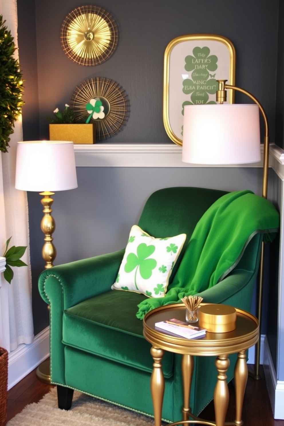 A cozy reading nook adorned with gold accent decor that adds a touch of sparkle. The space features a plush armchair upholstered in a rich emerald green fabric, complemented by a small side table with a gold finish. St. Patrick's Day decorations create a festive atmosphere, with shamrock-themed pillows and a vibrant green throw blanket draped over the armchair. Soft lighting from a nearby lamp casts a warm glow, enhancing the inviting ambiance of the nook.