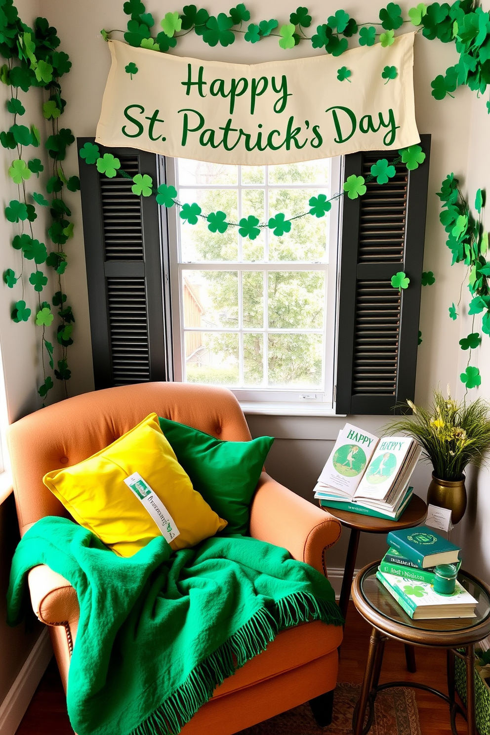 A cozy reading nook adorned with St. Patrick's Day themed decorations. There are vibrant green cushions scattered on a plush armchair, and a small side table holds a stack of festive bookmarks featuring shamrocks and leprechauns. The walls are decorated with garlands of paper shamrocks, and a whimsical banner reading Happy St. Patrick's Day hangs above the window. A soft throw blanket in a rich emerald hue drapes over the armchair, inviting you to relax with a good book.