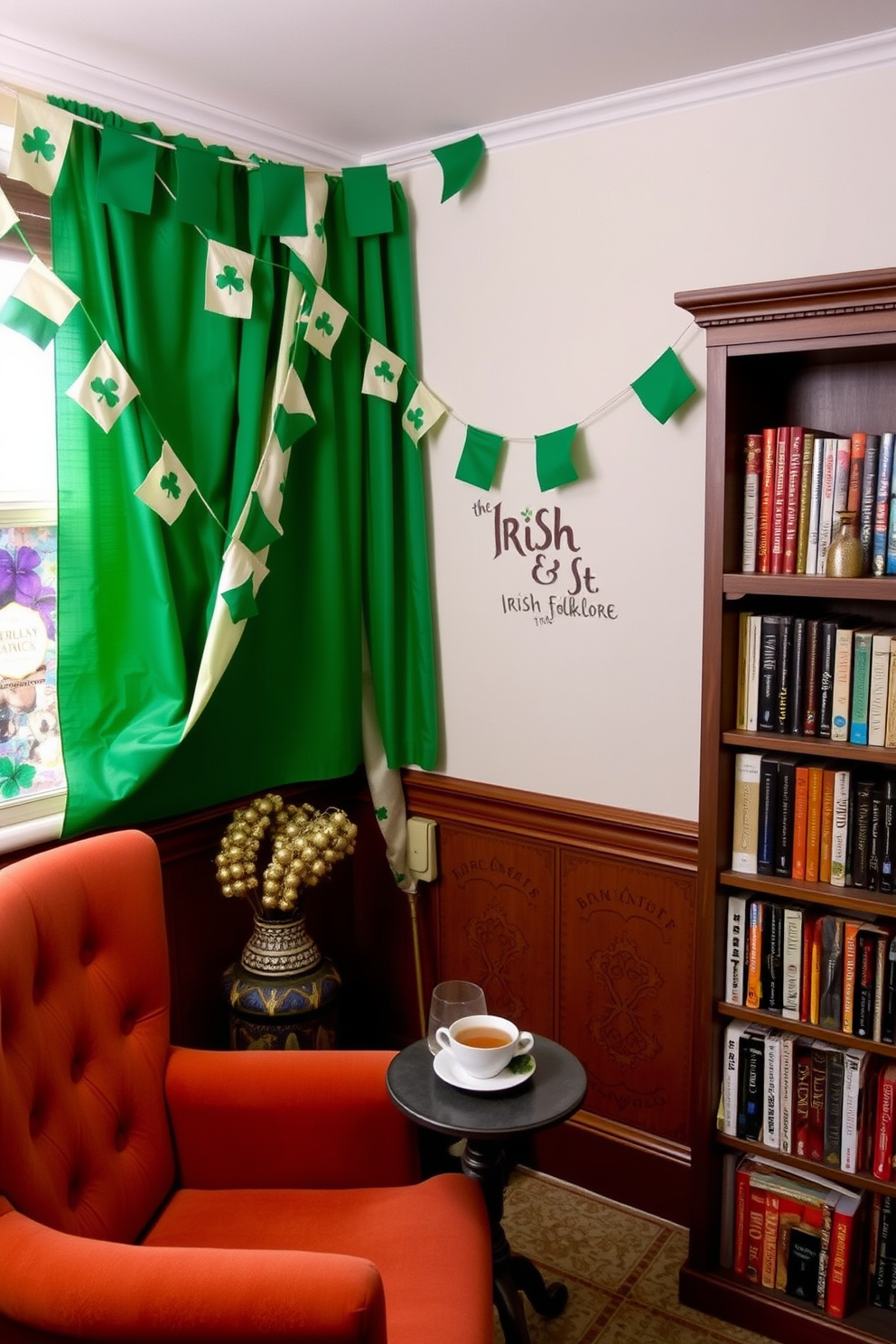 A cozy reading nook adorned with Irish flag bunting draped across the walls. The space features a plush armchair, a small side table with a steaming cup of tea, and a bookshelf filled with books on Irish folklore.