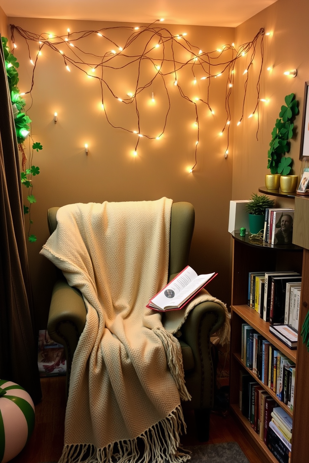 A cozy reading nook with a comfortable armchair draped in a soft blanket. Magical fairy lights twinkle above, casting a warm glow over the space. The nook is adorned with St. Patrick's Day decorations, including green shamrocks and gold accents. A small bookshelf nearby holds an array of books, inviting relaxation and escape.