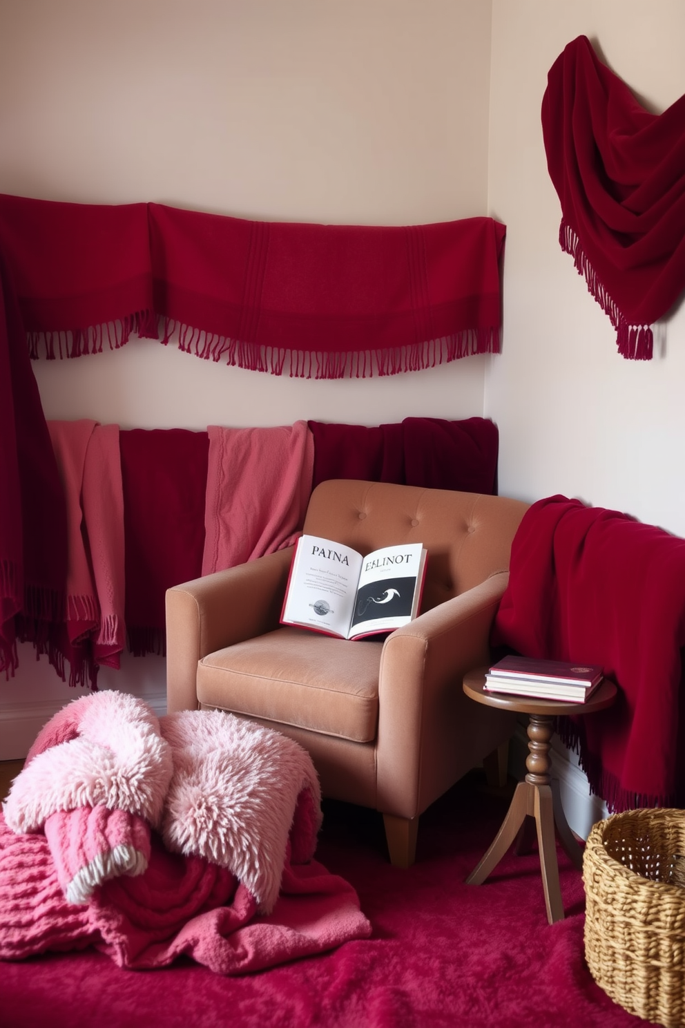 A cozy reading nook adorned with soft blankets in rich red and pink tones. A plush armchair sits in the corner next to a small side table, inviting you to relax with a good book.