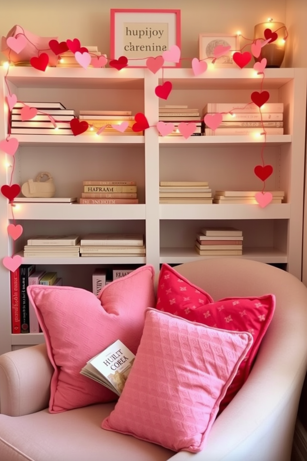 Charming heart garlands draped across shelves create a warm and inviting atmosphere in the reading nook. Soft cushions in shades of pink and red are scattered on a cozy armchair, inviting you to curl up with a good book.