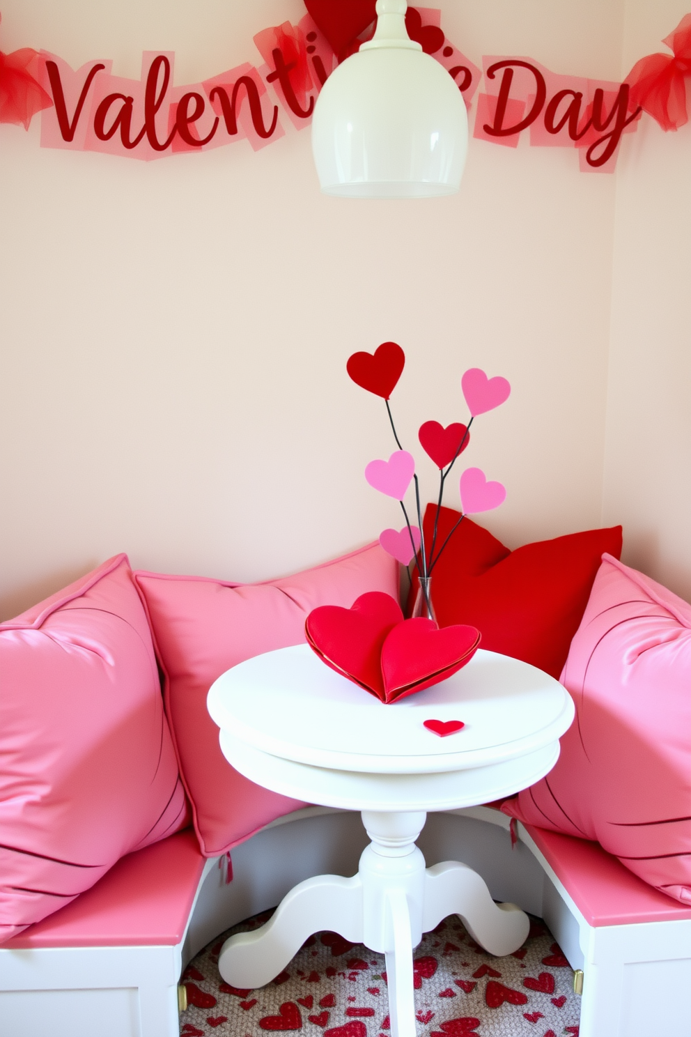 A cozy reading nook features a small table adorned with heart-shaped decor. Soft cushions in shades of pink and red surround the space, creating an inviting atmosphere for Valentine's Day.