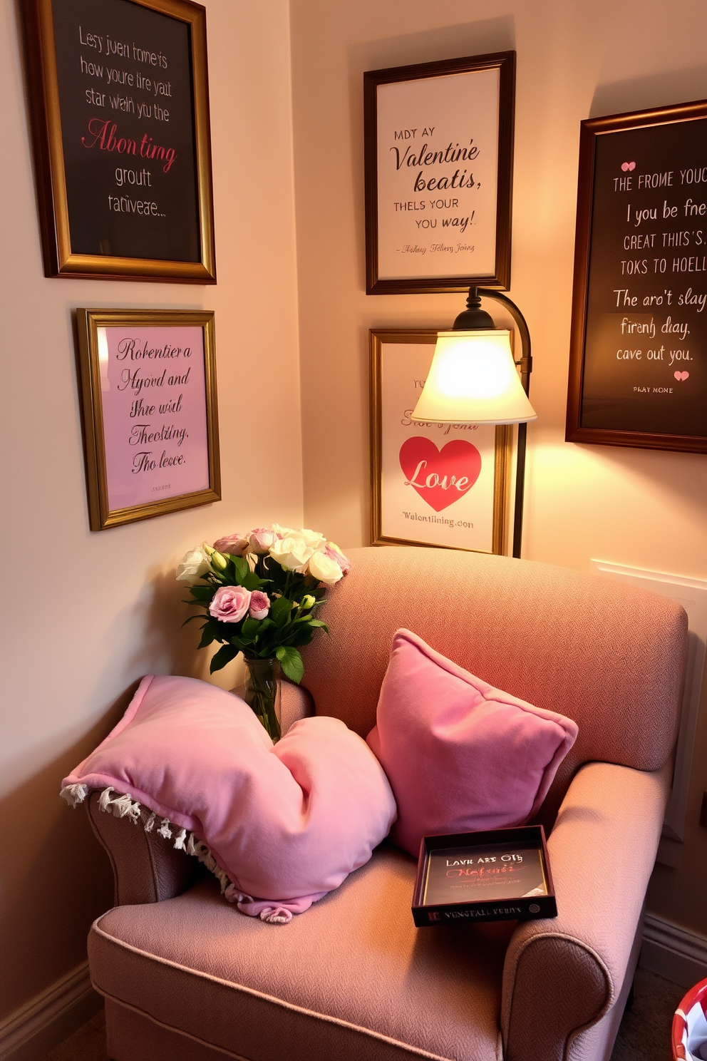 A cozy reading nook adorned with romantic quotes framed on the walls creates an inviting atmosphere. Plush cushions in soft pastel colors are scattered on a comfortable armchair, inviting you to curl up with a good book. A small side table holds a vase of fresh flowers and a box of chocolates, enhancing the Valentine's Day theme. Warm lighting from a nearby lamp casts a soft glow, making the space perfect for relaxation and romance.