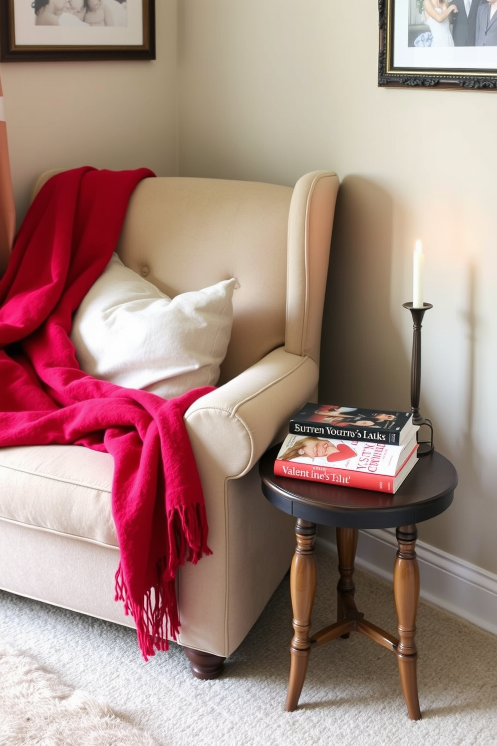 A cozy reading nook features a plush armchair adorned with a vibrant red throw blanket draped casually over one side. A small side table holds a stack of romantic novels and a scented candle, creating an inviting atmosphere perfect for Valentine's Day relaxation.