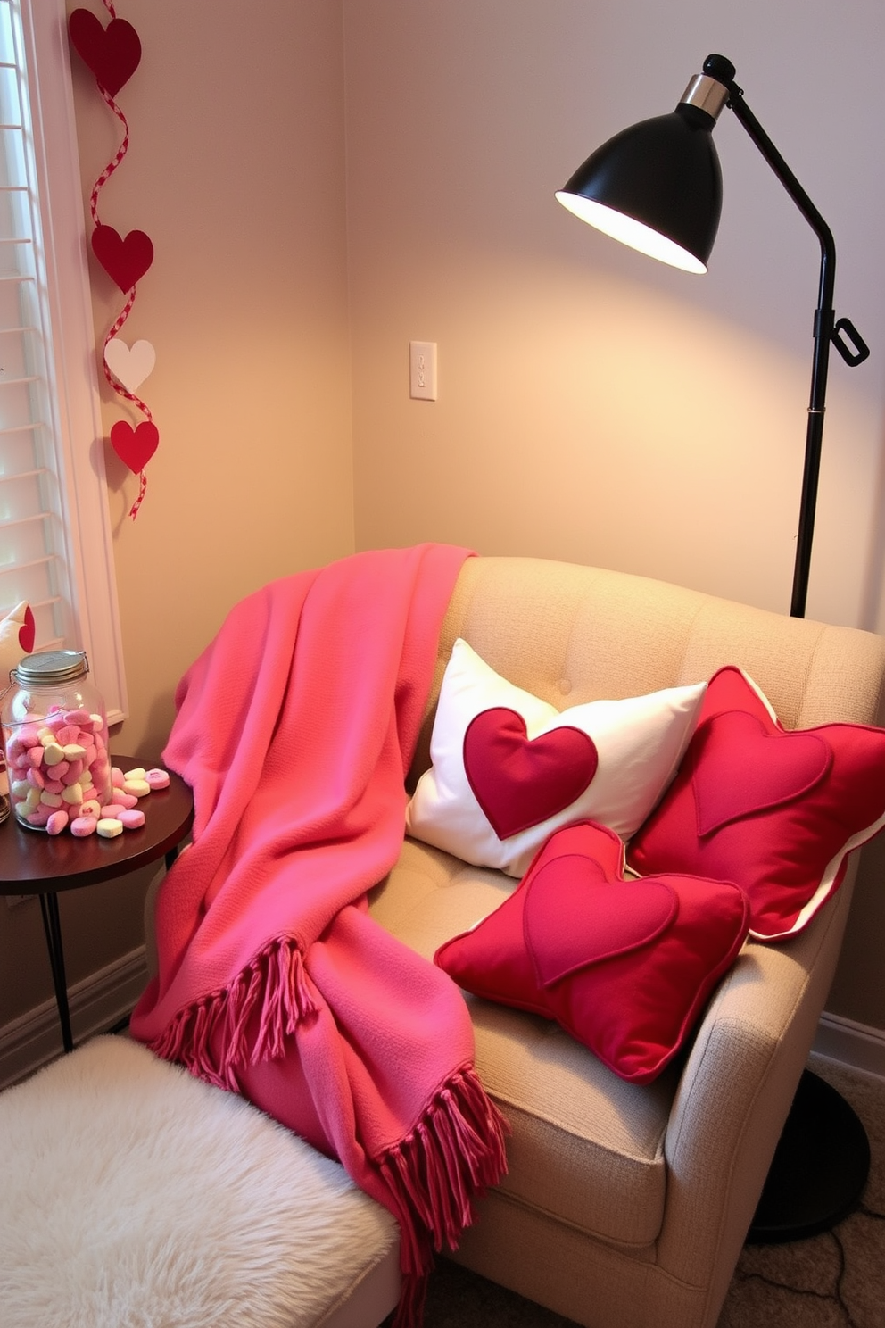 A cozy reading nook adorned for Valentine's Day features a plush armchair draped with a soft throw blanket in shades of pink and red. On a nearby side table, decorative jars filled with colorful conversation hearts add a playful touch to the romantic atmosphere. The nook is illuminated by a warm, ambient light from a stylish floor lamp, creating an inviting space for relaxation. Heart-themed cushions are scattered on the armchair, enhancing the festive decor while providing comfort for long reading sessions.