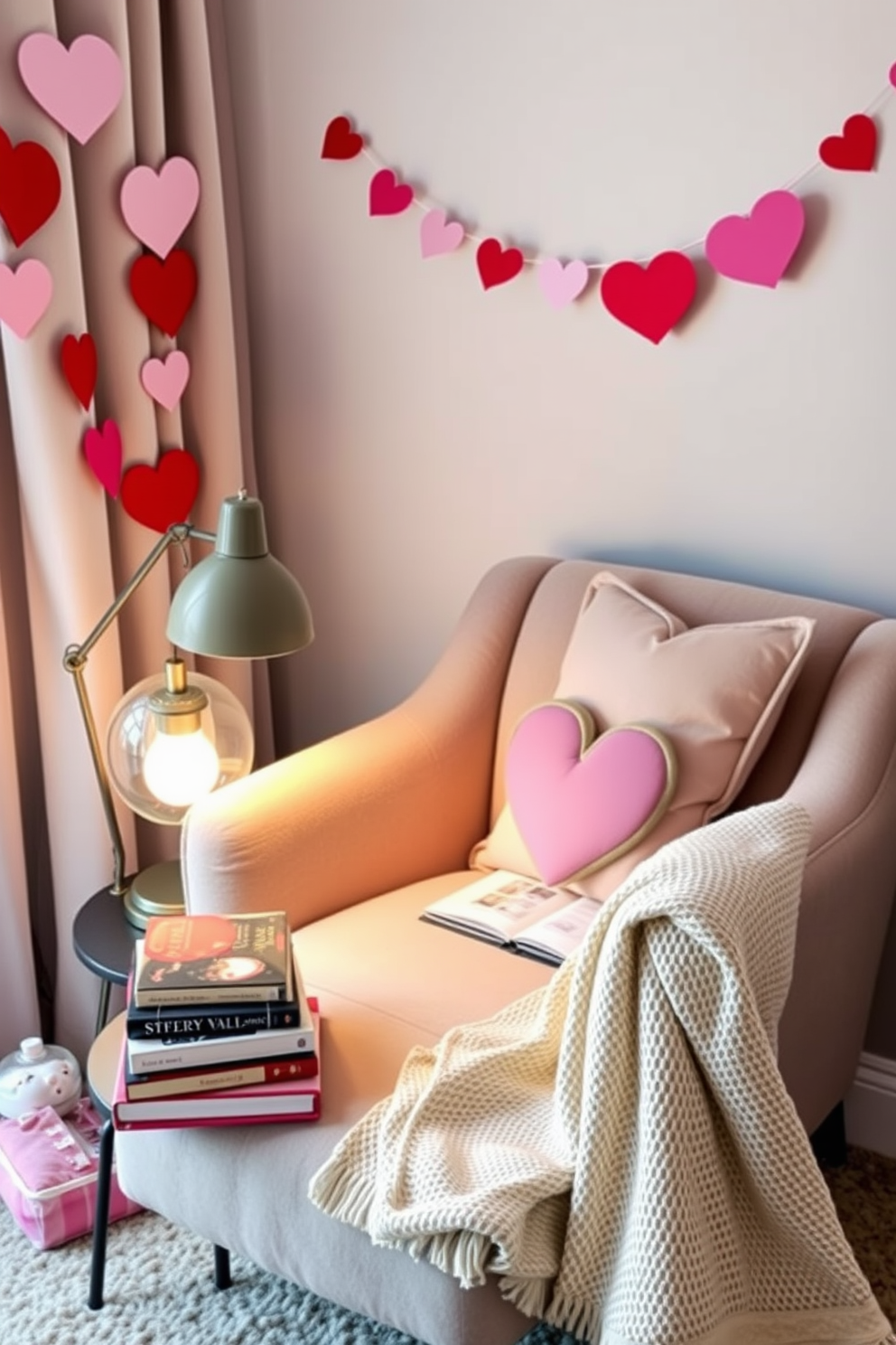 A cozy reading nook featuring a plush armchair upholstered in soft fabric. A stylish reading lamp with a warm glow stands beside the chair, illuminating a small side table stacked with books and a steaming cup of tea. The nook is adorned with festive Valentine's Day decorations, including heart-shaped cushions and a garland of red and pink paper hearts. A soft throw blanket drapes over the armchair, inviting you to curl up and enjoy a good book.