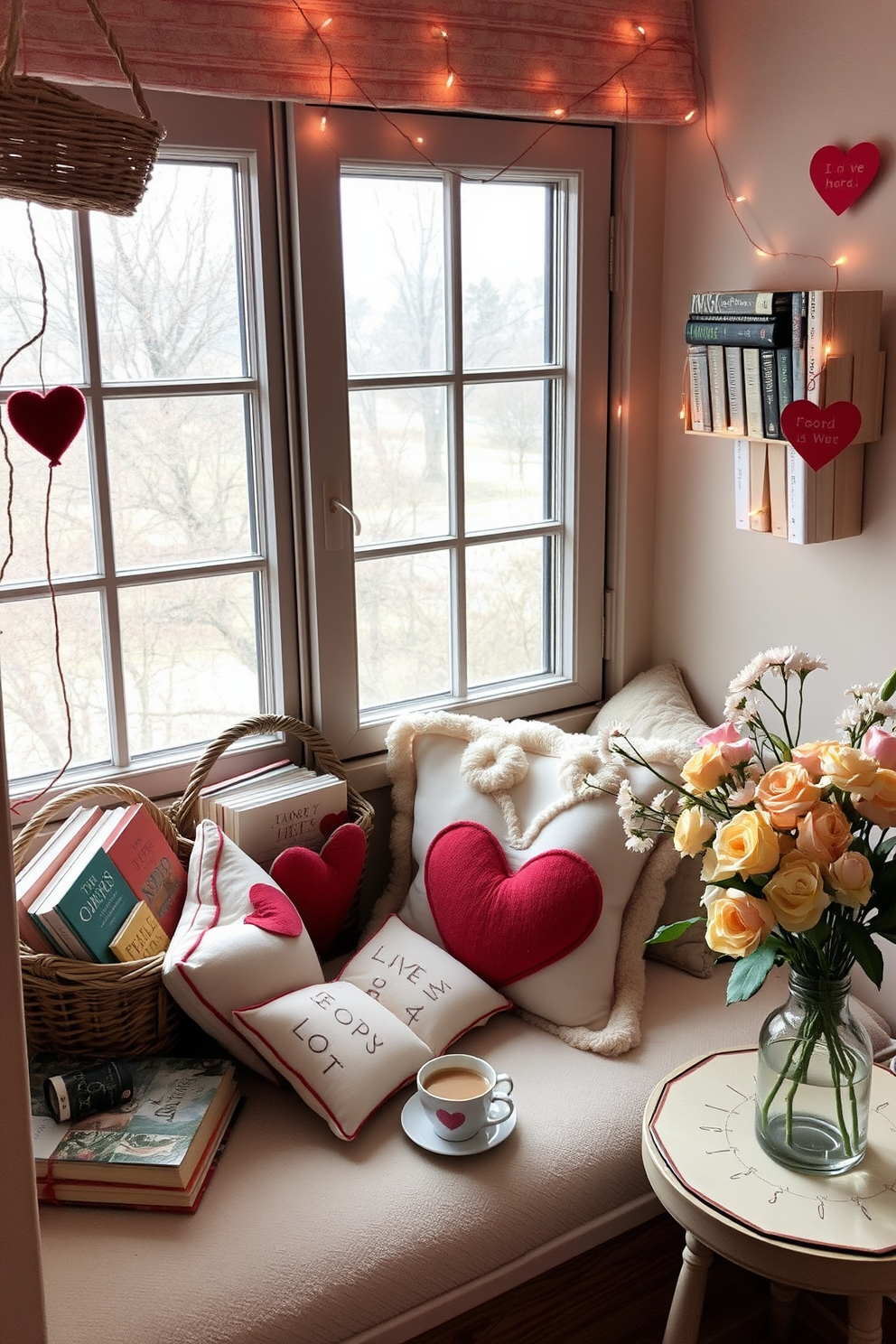 A cozy reading nook adorned with baskets filled with seasonal books. Soft cushions invite you to sit and enjoy the warmth of a nearby window, while a small side table holds a steaming cup of tea. For Valentine's Day, the nook is decorated with heart-shaped pillows and delicate string lights. Fresh flowers in a vase add a romantic touch, creating an inviting atmosphere perfect for curling up with a good book.