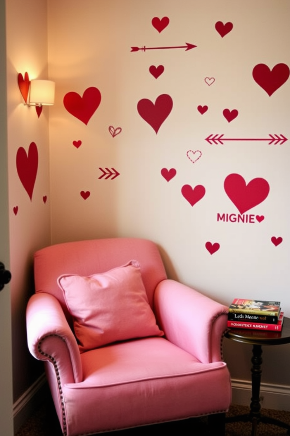 A cozy reading nook adorned with wall decals of hearts and arrows. The space features a plush armchair in soft pink fabric, complemented by a small side table holding a stack of romantic novels.