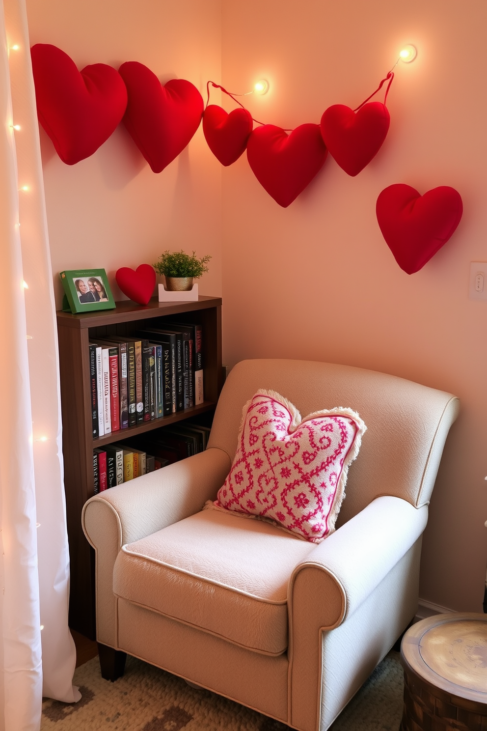 A cozy reading nook adorned with heart-shaped throw pillows invites comfort and warmth. The nook features a plush armchair nestled in a corner, surrounded by soft lighting and a small bookshelf filled with romantic novels.