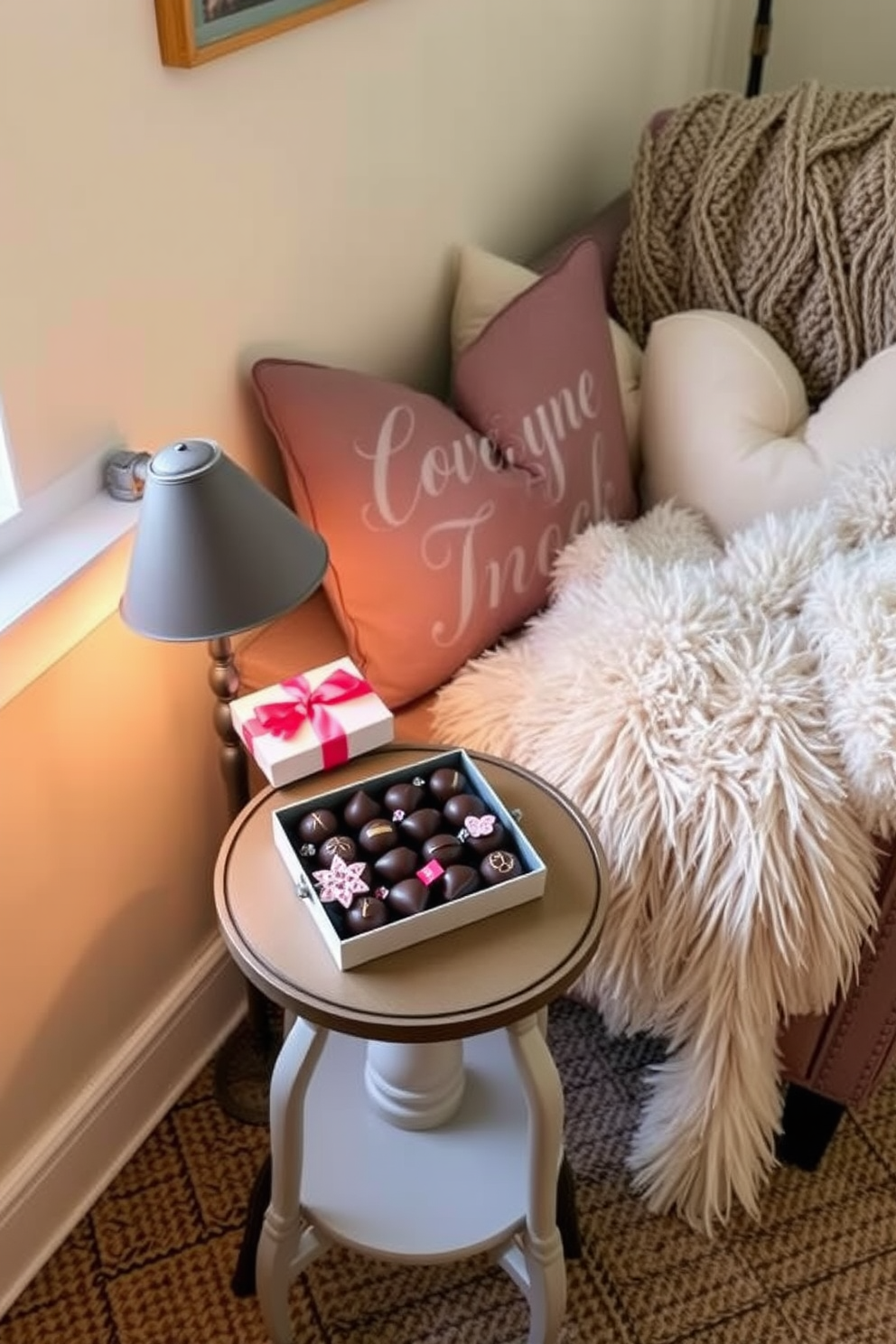 A cozy reading nook adorned for Valentine's Day features a small side table topped with an assortment of chocolates in elegant packaging. Soft cushions and a plush throw blanket are arranged on a comfortable chair, inviting relaxation and romance.