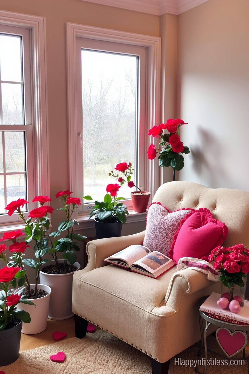 A cozy reading nook featuring a comfortable armchair upholstered in soft fabric, positioned near a large window that lets in natural light. Surrounding the nook are several potted plants with vibrant red flowers, adding a pop of color and freshness to the space. The decor is enhanced with Valentine's Day themed accents, such as heart-shaped cushions and a small decorative table holding a stack of romantic novels. Soft, warm lighting creates an inviting atmosphere, perfect for curling up with a book on a chilly afternoon.