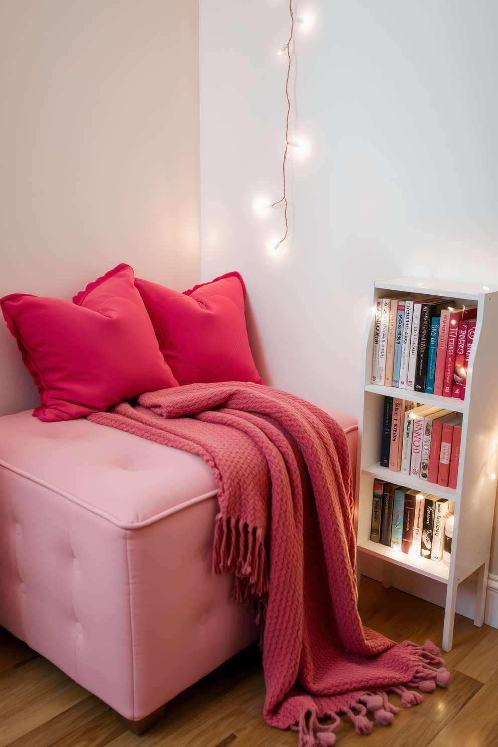 A cozy nook featuring a plush ottoman in soft pastel colors. The space is adorned with heart-themed cushions and a warm throw blanket draped over the ottoman. A small bookshelf filled with romantic novels is positioned nearby. A delicate string of fairy lights adds a soft glow, creating an inviting atmosphere for reading on Valentine's Day.