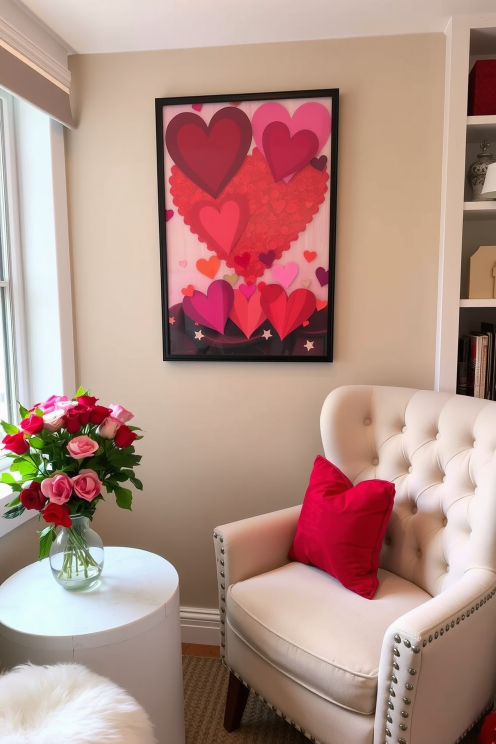 A cozy reading nook adorned for Valentine's Day features a plush reading chair positioned near a window. Above the chair, heart-shaped artwork in vibrant colors adds a romantic touch to the space.