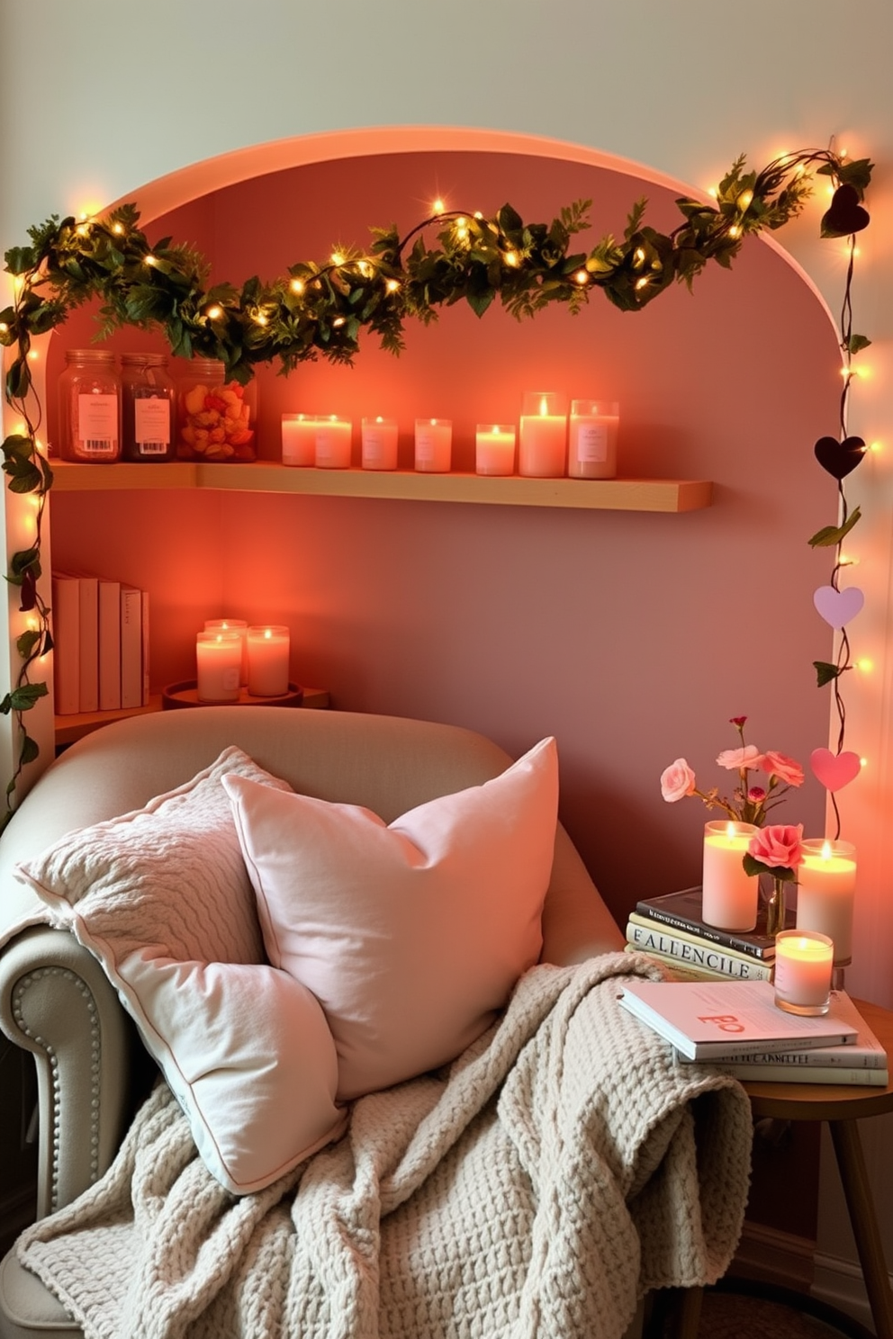 A cozy reading nook adorned with seasonal scented candles creates a warm and inviting atmosphere. Plush cushions in soft pastels are scattered on a comfortable armchair, while a small side table holds a stack of books and a delicate vase of fresh flowers. For Valentine's Day, the nook is decorated with heart-shaped garlands and soft fairy lights that add a romantic touch. A cozy throw blanket drapes over the armchair, inviting you to curl up with a good book and enjoy the ambiance.