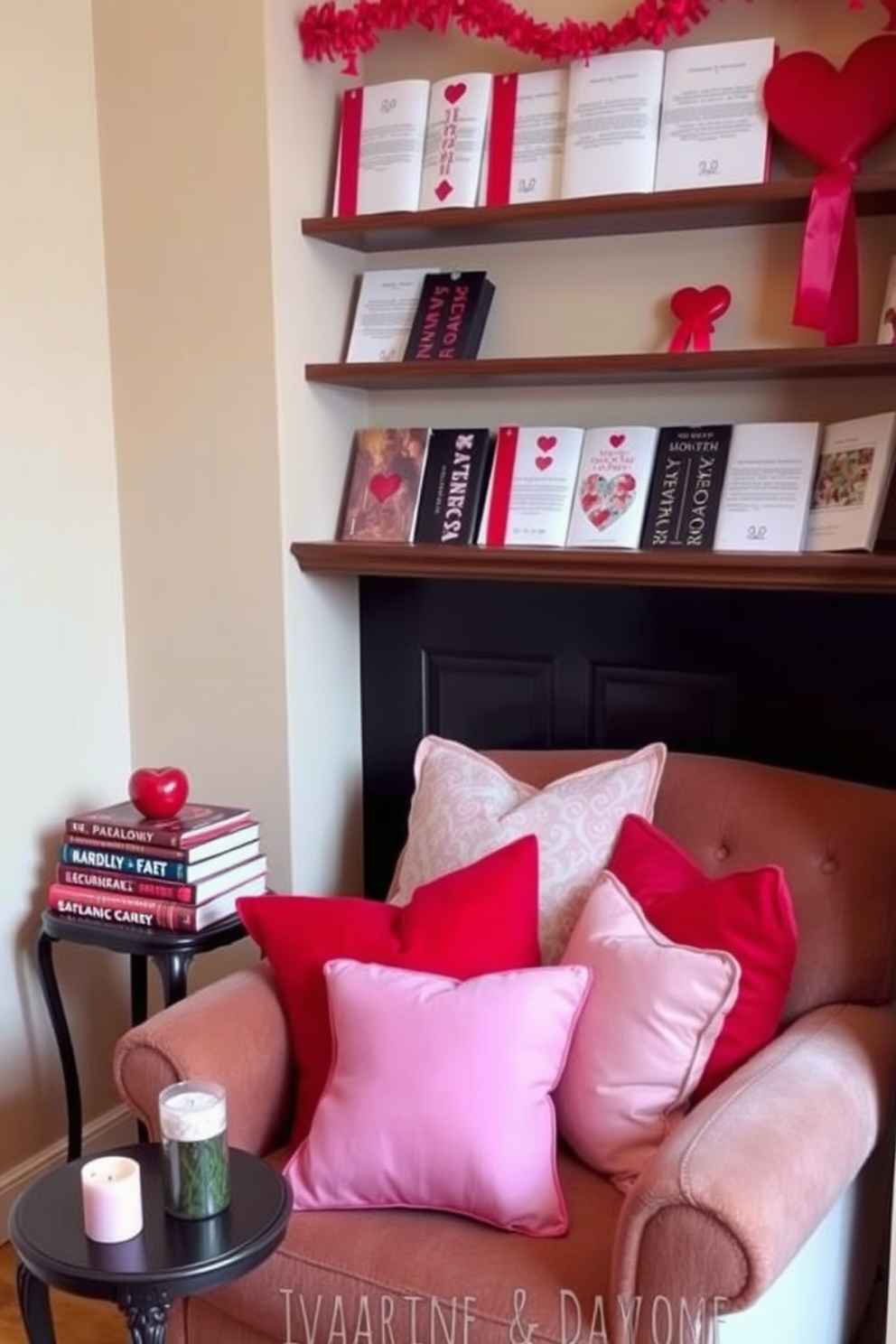 A cozy reading nook adorned with red and pink themed bookmarks elegantly displayed on a wooden shelf. Soft cushions in various shades of red and pink are scattered on a plush armchair, creating an inviting atmosphere for enjoying books. The walls are painted in a warm cream tone, providing a perfect backdrop for the vibrant bookmarks. A small side table holds a stack of romantic novels and a heart-shaped candle, enhancing the Valentine’s Day decorating theme.