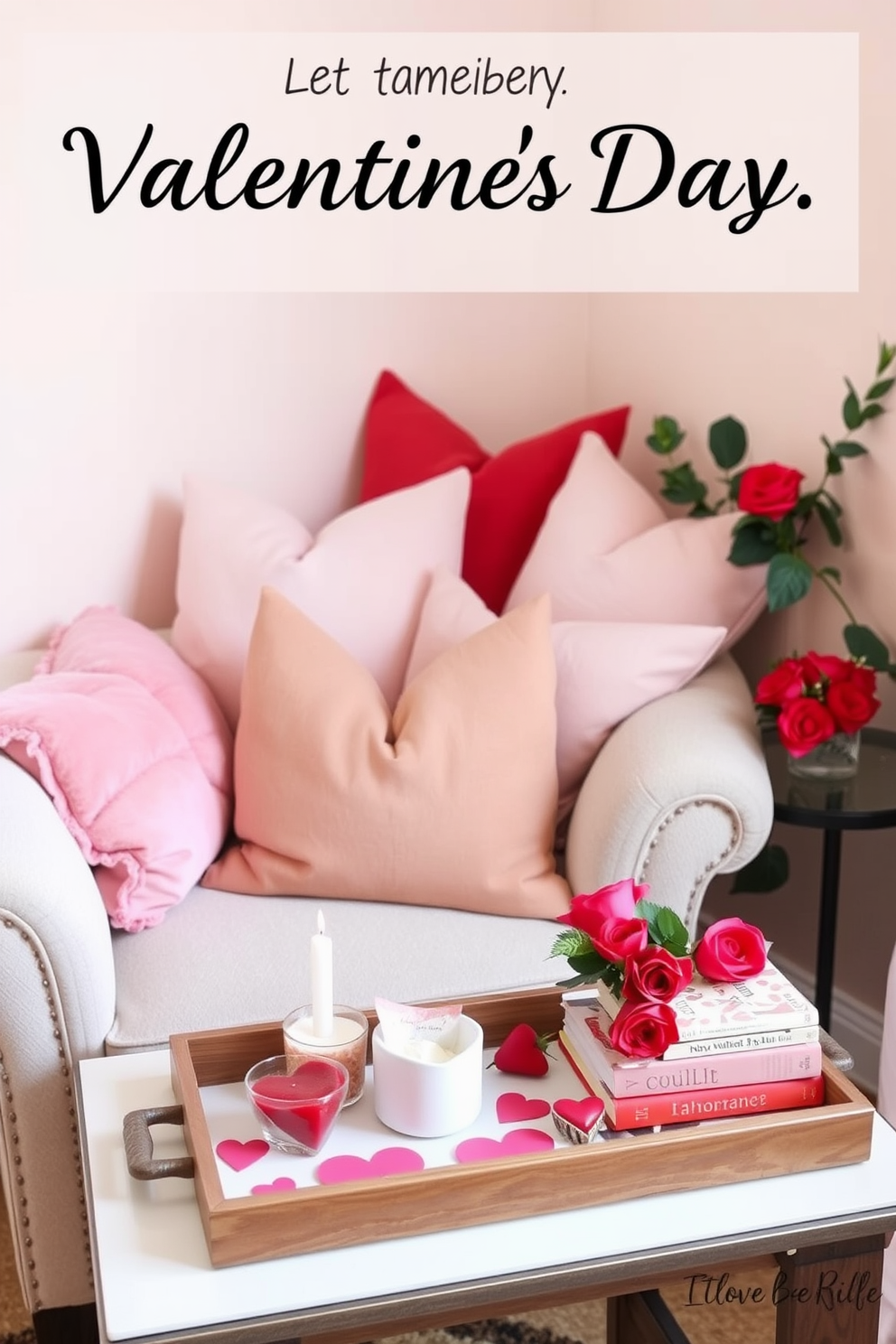 A cozy reading nook adorned with decorative trays featuring love-themed items. Soft cushions in shades of pink and red are scattered on a plush armchair, inviting relaxation and romance. On the side table, a tray holds heart-shaped candles, a small bouquet of roses, and a stack of romantic novels. The walls are painted in a soft pastel hue, creating a warm and inviting atmosphere perfect for Valentine's Day.