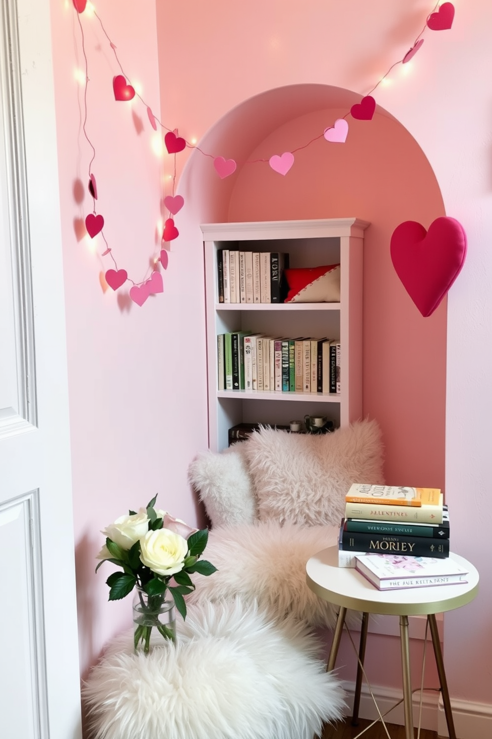 A cozy reading nook featuring a small bookshelf painted in pastel colors. The nook is adorned with soft cushions and a plush throw blanket, creating a warm and inviting atmosphere. For Valentine's Day, the space is decorated with heart-shaped garlands and delicate fairy lights. A small table beside the nook holds a vase of fresh flowers and a stack of romantic novels.