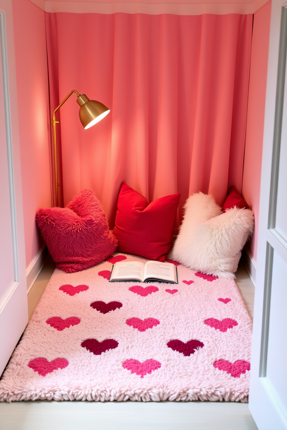 A cozy reading nook adorned with a soft rug featuring heart patterns. The nook is illuminated by a warm floor lamp, and plush cushions in shades of pink and red are scattered around for added comfort.