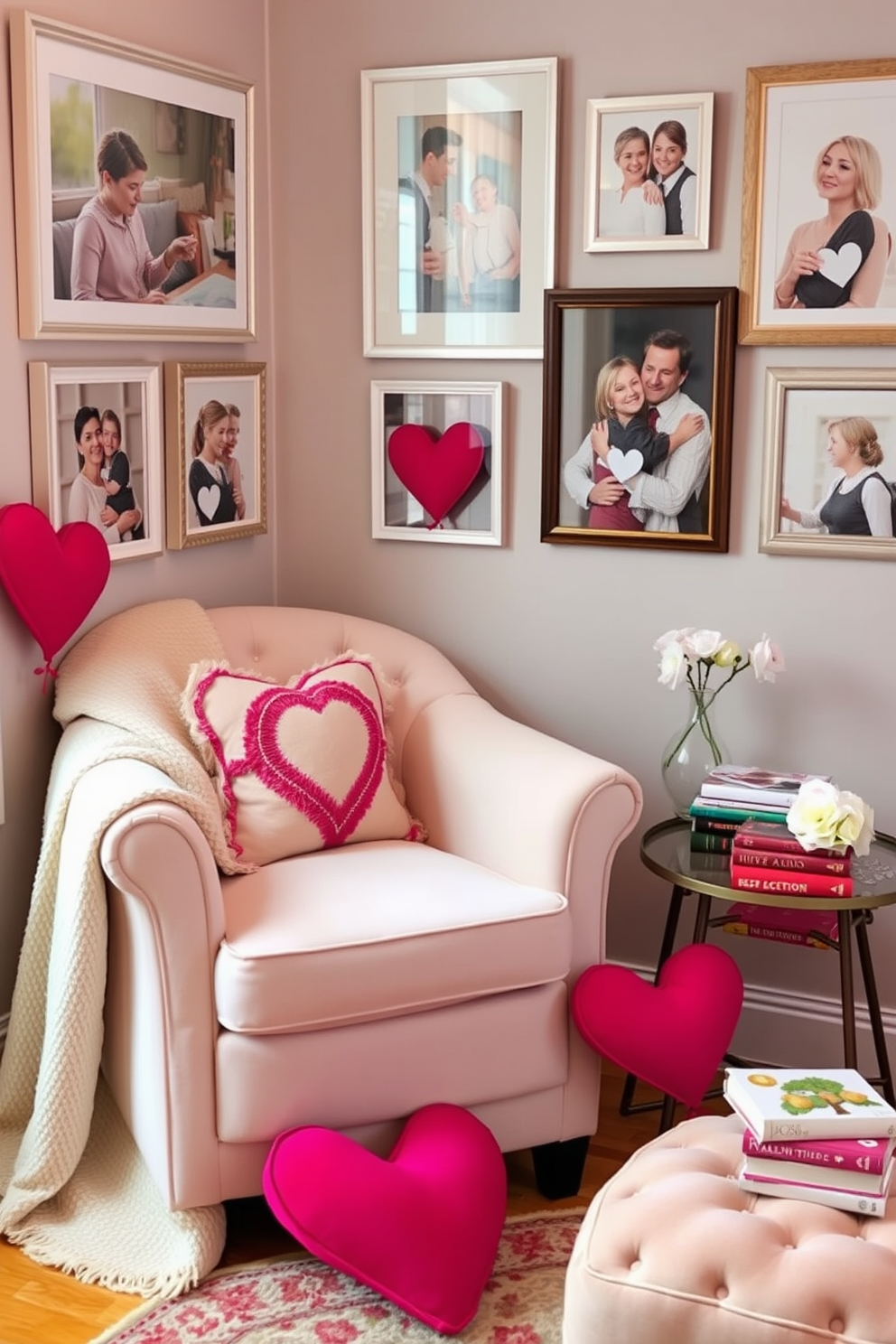 A cozy reading nook adorned with framed photos of loved ones on display. A plush armchair in a soft pastel color is positioned next to a small side table, creating an inviting atmosphere for relaxation. The nook features a warm throw blanket draped over the armchair and a stack of books neatly arranged on the side table. Valentine's Day decorations, such as heart-shaped cushions and subtle floral arrangements, add a festive touch to the space.