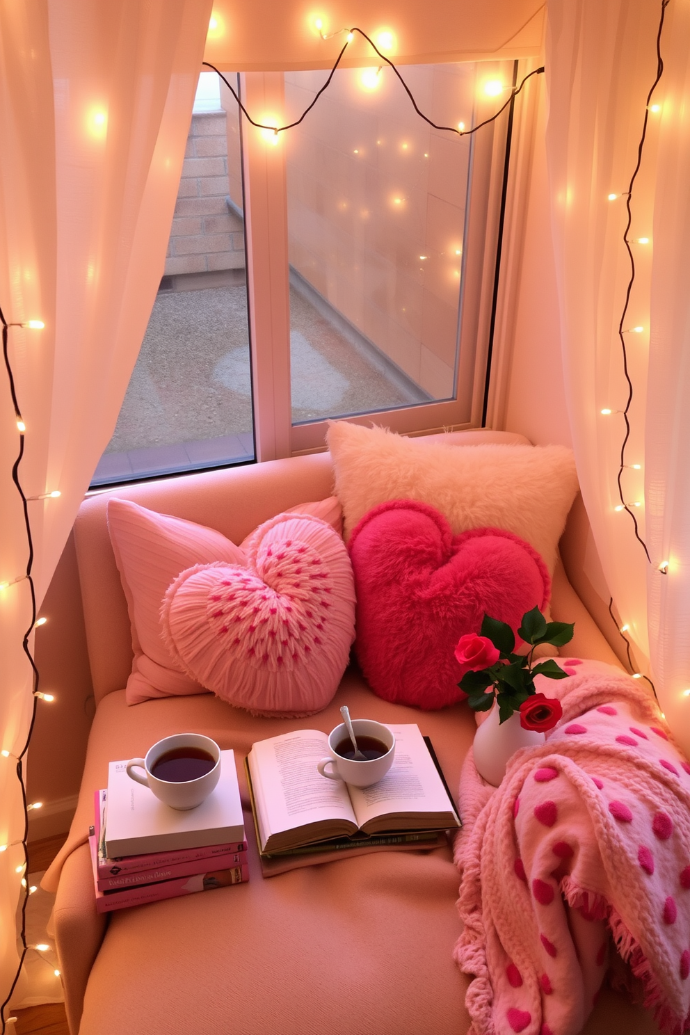 A cozy reading nook bathed in warm light from twinkling fairy lights creates an inviting atmosphere. Plush cushions are scattered across a comfortable armchair, and a small side table holds a stack of books and a steaming cup of tea. For Valentine's Day, the nook is adorned with soft pink and red accents, including heart-shaped pillows and a delicate throw blanket. A small vase of fresh roses adds a romantic touch, enhancing the overall charm of the space.