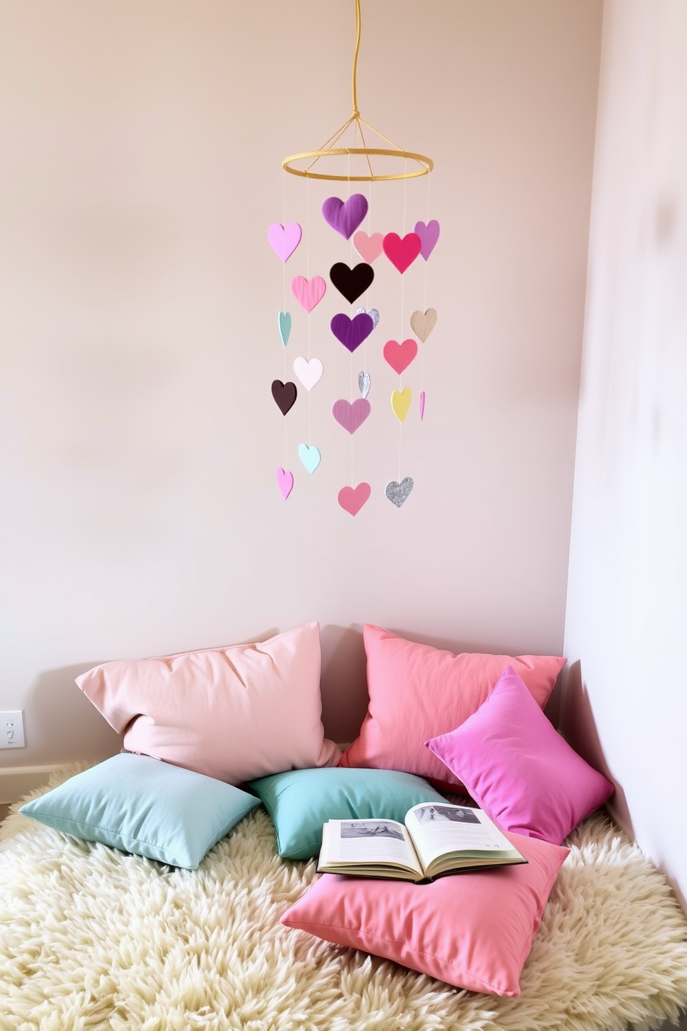 A cozy reading nook adorned with a whimsical mobile featuring heart shapes hanging from the ceiling. Soft cushions in pastel colors are scattered on a plush rug, creating an inviting space perfect for curling up with a book.