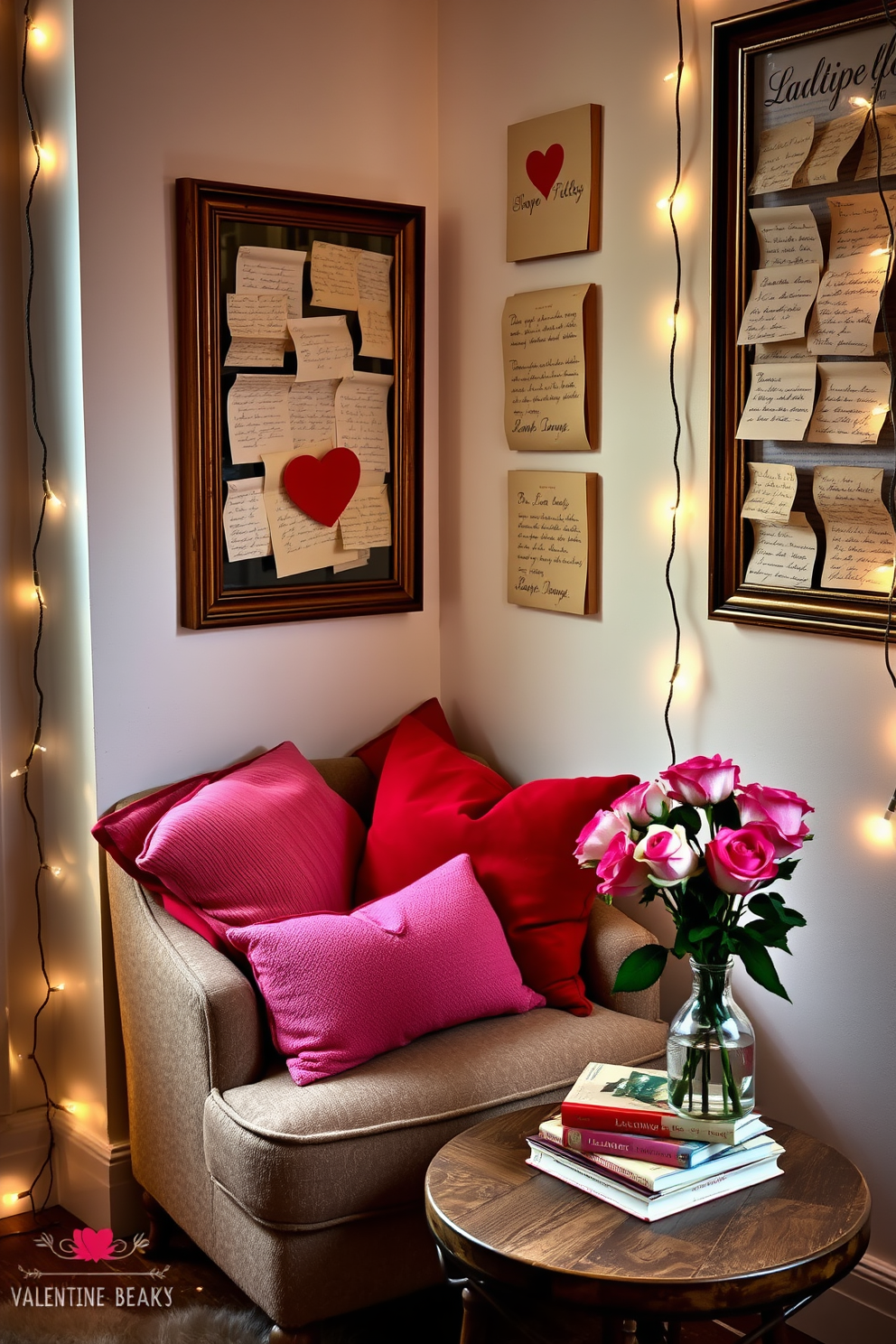 A cozy reading nook adorned with vintage love letters framed as wall art. Soft cushions in shades of red and pink are scattered on a plush armchair, inviting relaxation and romance. A small wooden side table holds a stack of classic romance novels and a delicate vase filled with fresh roses. Fairy lights drape gently around the nook, creating a warm and inviting atmosphere perfect for Valentine's Day.