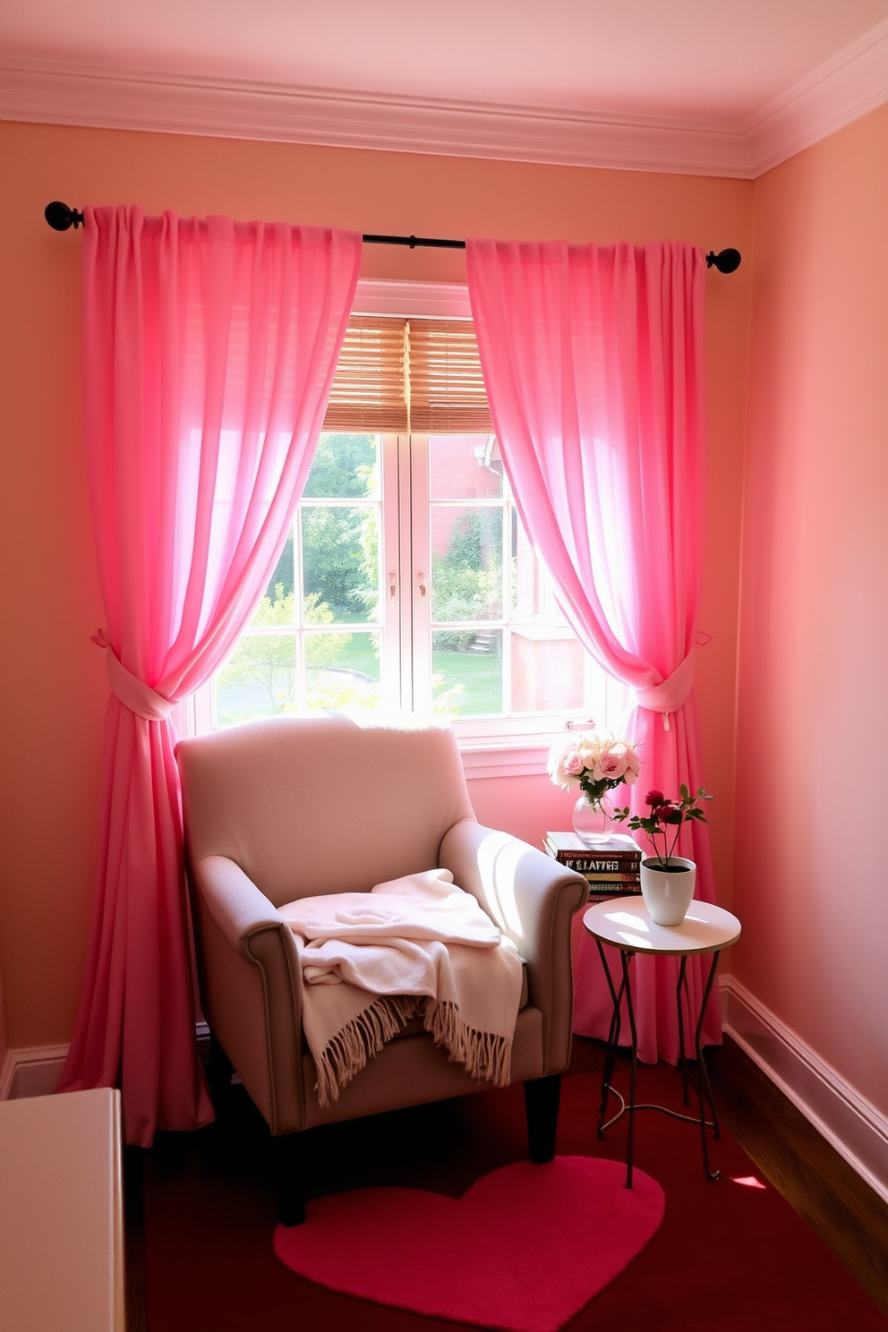 A cozy reading nook adorned with soft pink curtains that gently frame the window, creating a romantic atmosphere. A plush armchair is positioned in the corner, accompanied by a small side table holding a stack of books and a delicate vase of fresh flowers. The walls are painted in a warm cream color, enhancing the inviting feel of the space. A soft throw blanket drapes over the armchair, and a whimsical heart-themed rug adds a playful touch for Valentine's Day decorating ideas.