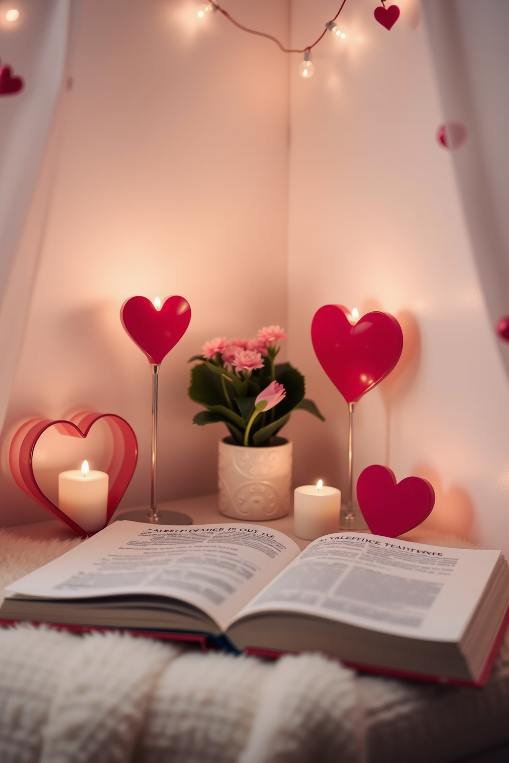 A cozy reading nook adorned with heart-shaped candle holders. Soft ambient light flickers from the candles, creating a romantic atmosphere perfect for Valentine's Day.