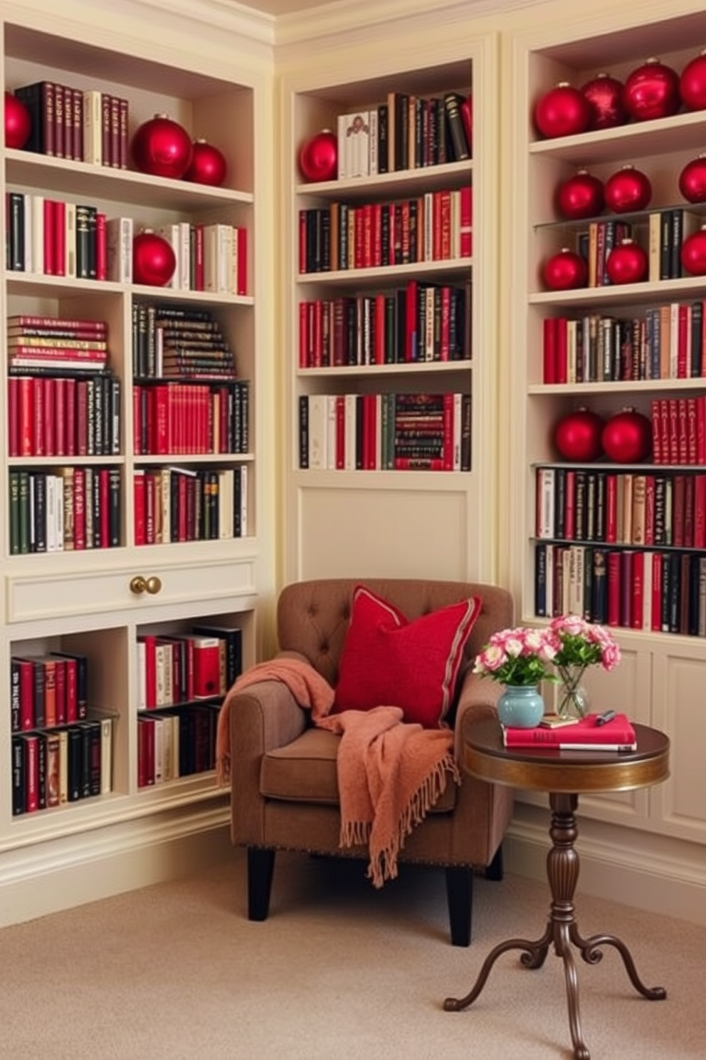 A cozy reading nook adorned with bookshelves decorated with vibrant red ornaments. The nook features a plush armchair and a small side table, creating an inviting space for relaxation and reading. The walls are painted in a soft cream color, complementing the rich red accents. A warm throw blanket and decorative pillows add comfort, while a small vase of fresh flowers sits on the side table for a touch of elegance.