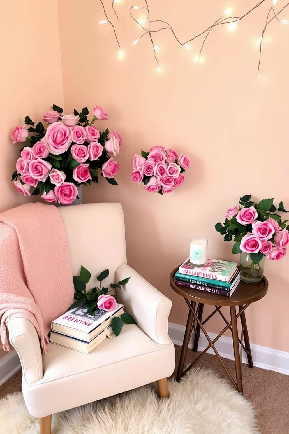 A cozy reading nook adorned with floral arrangements featuring pink roses. The soft armchair is draped with a plush throw blanket, and a small side table holds a stack of romantic novels and a scented candle. The walls are painted in a warm pastel hue, creating an inviting atmosphere. Decorative fairy lights twinkle above, enhancing the Valentine's Day theme with a touch of whimsy and romance.