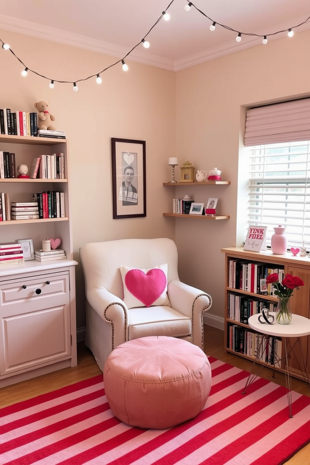 A cozy reading nook adorned with a red and white striped rug that adds a vibrant contrast to the soft beige walls. A plush armchair sits in the corner, surrounded by shelves filled with books and decorative items, creating an inviting atmosphere for relaxation. For Valentine's Day, the space is decorated with soft pink and white accents, including heart-shaped cushions and a small vase of red roses on a nearby table. String lights twinkle softly overhead, enhancing the romantic ambiance of the reading nook.