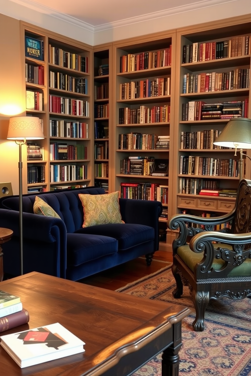 A cozy reading room featuring a mix of modern and vintage furniture. A plush velvet sofa in deep blue is paired with a reclaimed wood coffee table and an antique armchair with intricate carvings. Bookshelves lined with an eclectic collection of books create a warm and inviting atmosphere. Soft lighting from a vintage floor lamp casts a gentle glow, enhancing the room's charm and comfort.