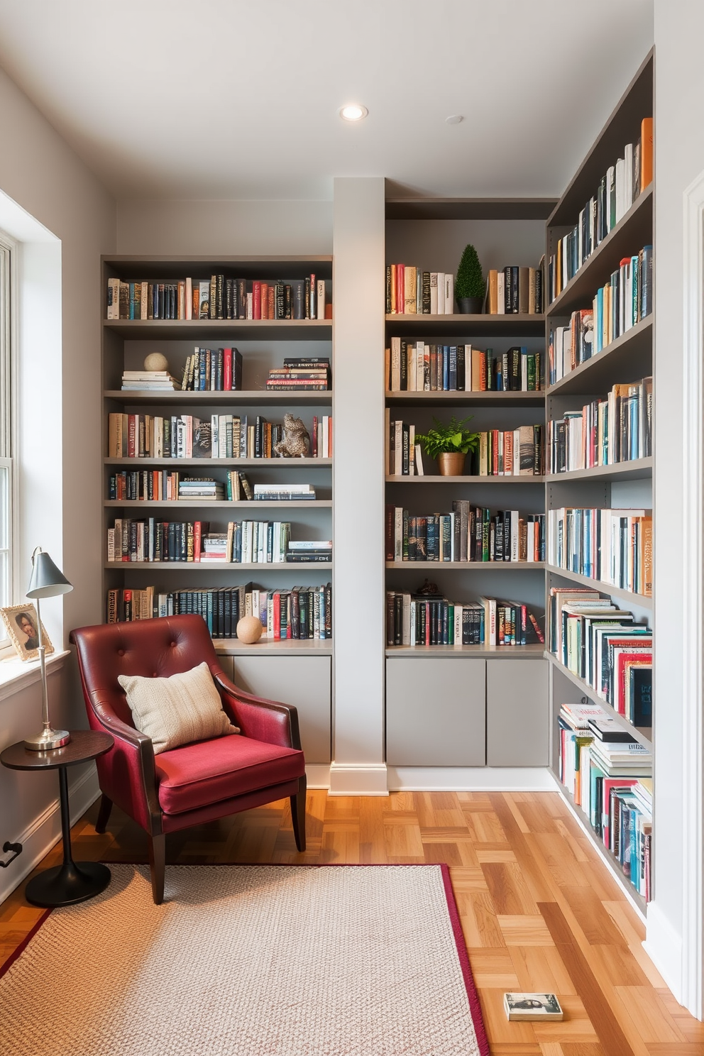 A cozy reading room features floating shelves that line the walls, showcasing an array of books and decorative items. A comfortable armchair is positioned nearby, inviting relaxation and exploration of the literary world. In the home library, floating shelves create an open and airy feel, maximizing vertical space while keeping the floor clear. Soft lighting illuminates the shelves, highlighting the rich textures of the books and creating a warm atmosphere perfect for reading.