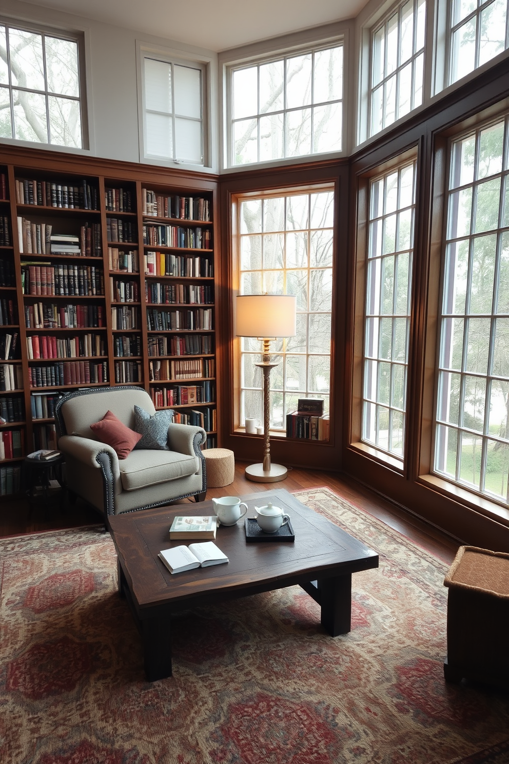 A cozy reading room bathed in natural light from large windows that fill the space with warmth. The room features a plush armchair in a soft fabric, surrounded by tall bookshelves filled with an array of books. A rustic wooden coffee table sits in the center, adorned with a stack of novels and a steaming cup of tea. A large area rug adds texture to the floor, while a floor lamp with a warm glow creates an inviting reading nook.