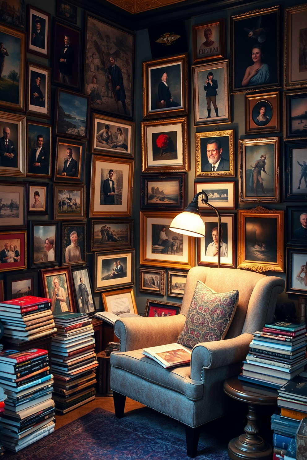 A cozy reading room filled with eclectic artwork that inspires creativity. The walls are adorned with a mix of framed paintings and photographs in various styles and colors. A comfortable armchair sits in the corner, surrounded by stacks of books and a small side table. Soft lighting from a vintage floor lamp creates a warm atmosphere perfect for reading and reflection.