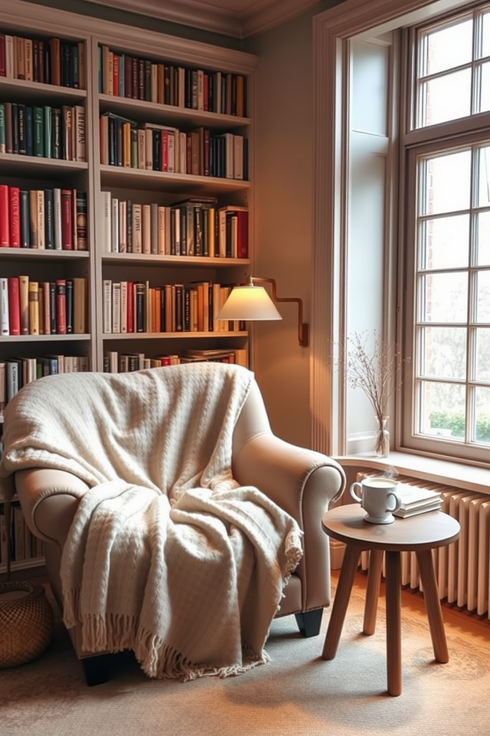 A cozy reading room featuring soft throw blankets draped over a plush armchair. The space is illuminated by warm lighting, with bookshelves lined with an array of colorful books and a small side table holding a steaming cup of tea. Incorporate a soothing color palette with muted tones and natural textures. A large window allows for plenty of natural light, creating an inviting atmosphere perfect for curling up with a good book.