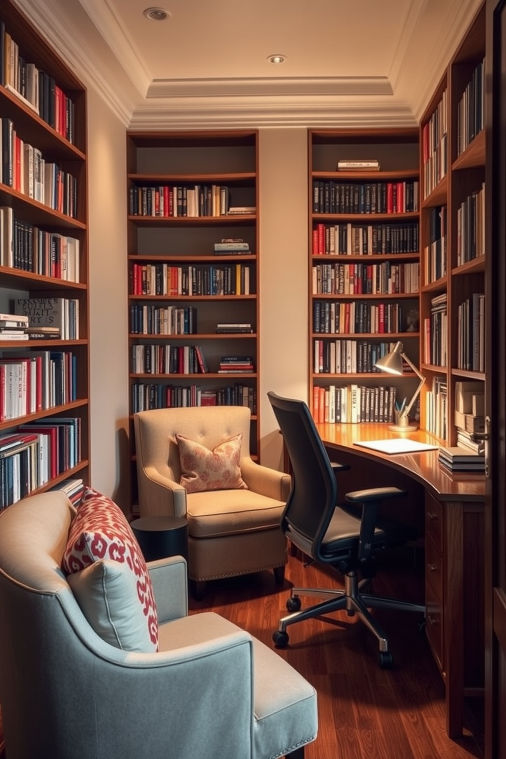 A cozy dual-purpose space combines a stylish desk area with a comfortable reading nook. The walls are lined with bookshelves filled with an array of books, while a plush armchair sits in the corner, accompanied by a small side table. The desk area features a sleek wooden desk with a modern lamp and a comfortable ergonomic chair. Soft lighting creates a warm atmosphere, enhancing the inviting feel of the room and making it perfect for both work and relaxation.