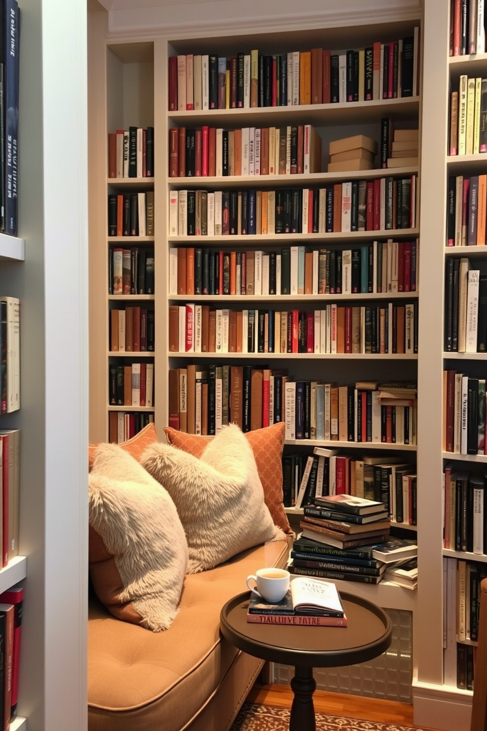 A cozy reading room featuring a cushioned bench along one wall. The bench is adorned with plush throw pillows and surrounded by tall bookshelves filled with an array of books. Soft lighting illuminates the space, creating a warm and inviting atmosphere. A small side table beside the bench holds a steaming cup of tea and a stack of well-loved novels.