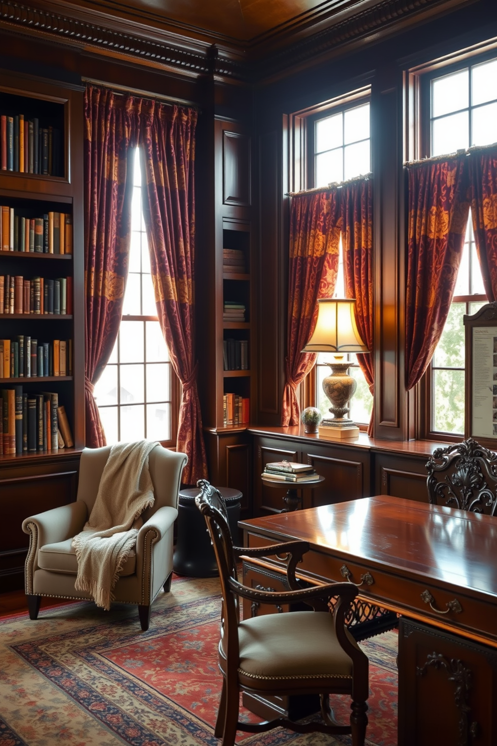 A cozy reading room featuring dark wood tones creates a classic and inviting atmosphere. The walls are lined with built-in bookshelves filled with an array of books, and a plush armchair sits in the corner, draped with a soft throw blanket. A large wooden desk with intricate carvings provides a workspace, complemented by a vintage lamp casting a warm glow. Richly patterned curtains frame the windows, allowing natural light to filter in while maintaining the room's elegant charm.