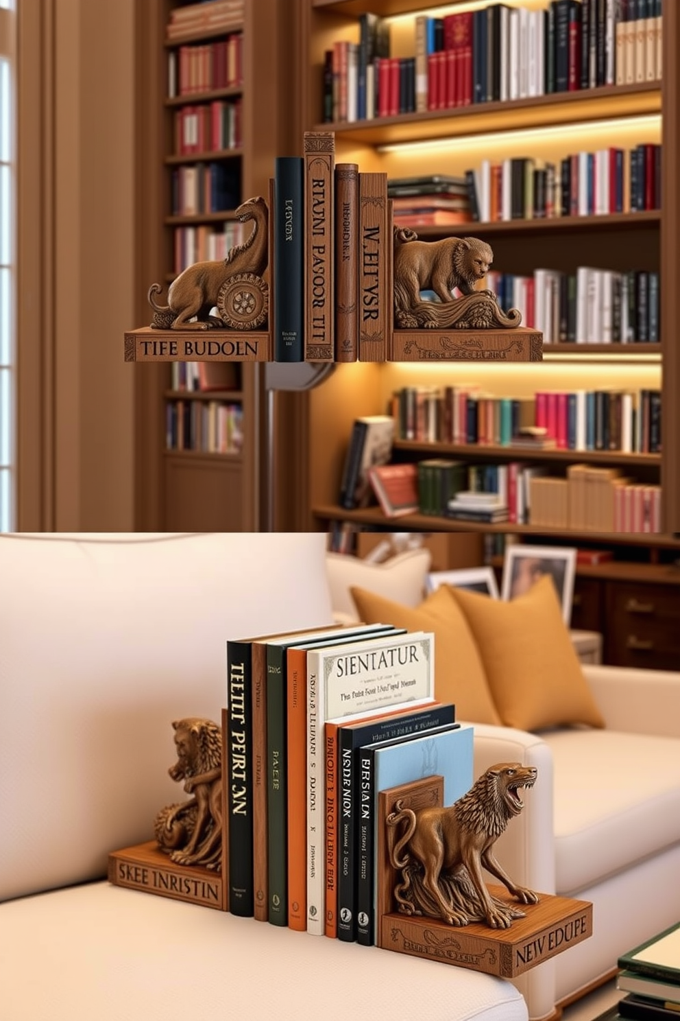 Personalized bookends designed to reflect the character and style of the reading room. The bookends are crafted from high-quality wood with intricate carvings that showcase literary themes and personal interests. The home library features a cozy reading nook with plush seating and warm lighting. Shelves filled with books line the walls, creating an inviting atmosphere for relaxation and inspiration.