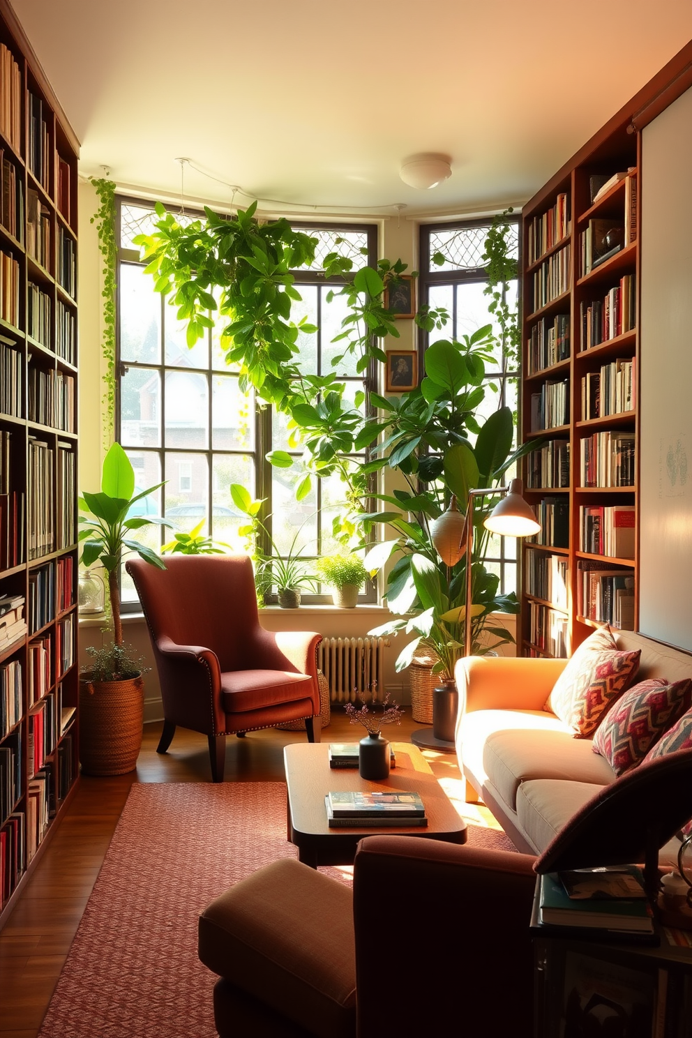 A cozy reading room filled with natural light. There are tall bookshelves lined with books, and a comfortable armchair is positioned next to a large window surrounded by lush green plants. A wooden coffee table sits in the center, adorned with a few decorative items and a small potted plant. Soft, warm lighting from a stylish floor lamp creates an inviting atmosphere perfect for reading.