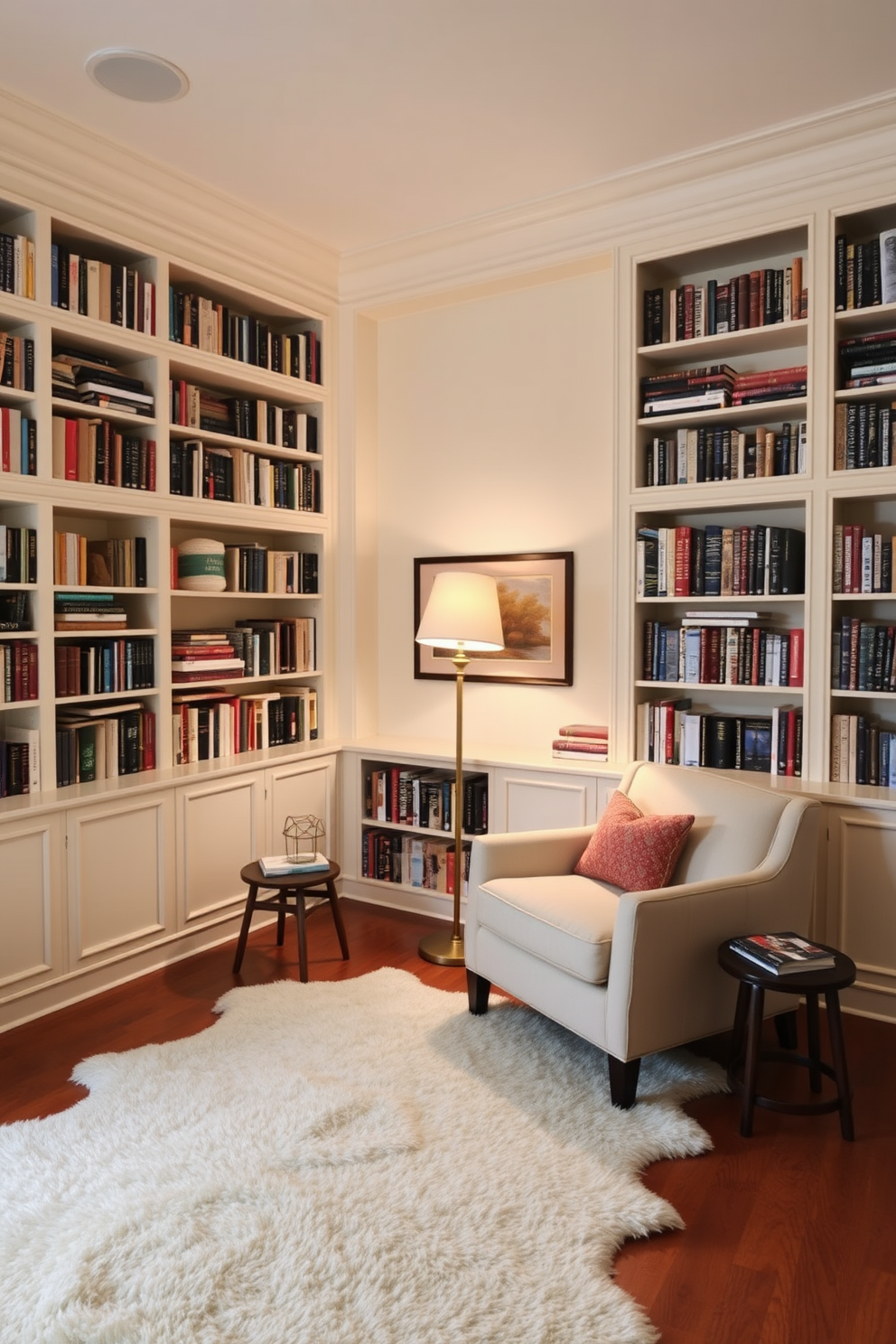 A cozy reading room features wall-to-wall built-in bookshelves filled with an array of books in various sizes and colors. A comfortable armchair sits in the corner, accompanied by a small side table and a warm floor lamp for perfect lighting. The walls are painted in a soft cream color, creating a serene atmosphere. A plush area rug lies on the hardwood floor, adding warmth and texture to the space.