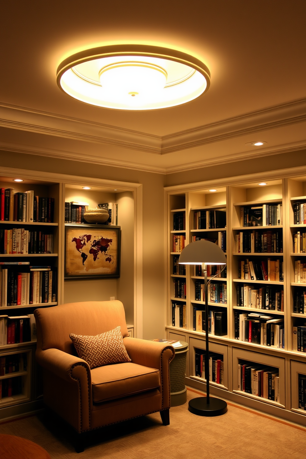 A cozy reading room with layered lighting that enhances comfort and functionality. Soft, warm light fixtures are strategically placed to create a welcoming atmosphere for reading and relaxation. The room features built-in bookshelves filled with a diverse collection of books. A plush armchair is positioned near a floor lamp, providing the perfect nook for enjoying a good book.