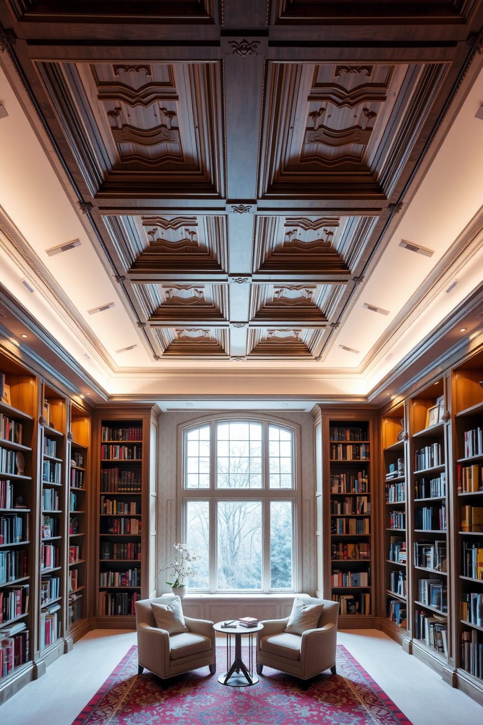 Artistic ceiling design for an interest reading room features intricate woodwork with a coffered pattern. Soft, ambient lighting is integrated into the design, highlighting the architectural details and creating a warm atmosphere. The home library design includes custom-built bookshelves that reach from floor to ceiling, filled with a curated selection of books. A cozy reading nook is nestled beneath a large window, complete with plush seating and a small side table for refreshments.